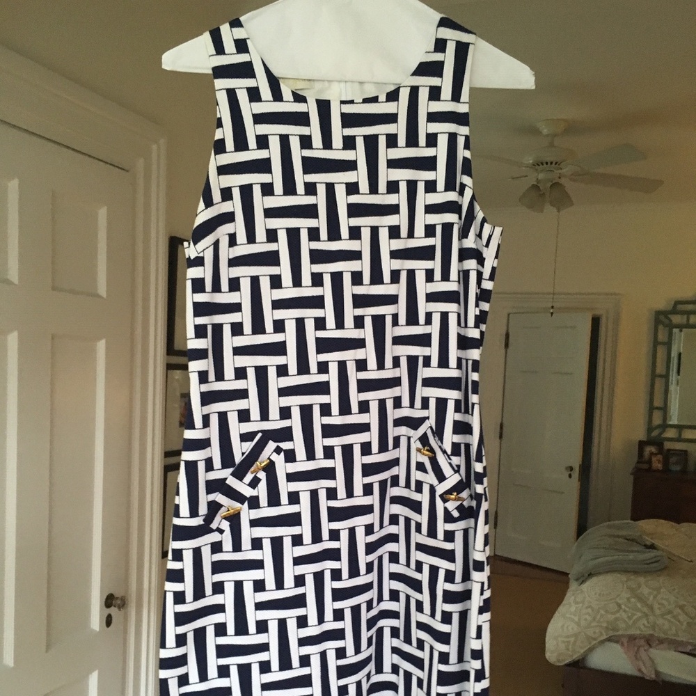 Britt Ryan navy and white dress with gold buttons